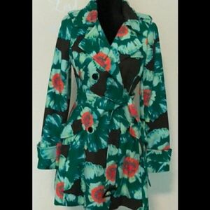 Banana Republic Green and Red Floral Trench Coat